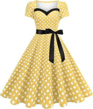 Summer Polka Dots Dresses for Women Vintage Square Neck Midi Dress Short Sleeve Cute Flowy Holiday Party Sundresses