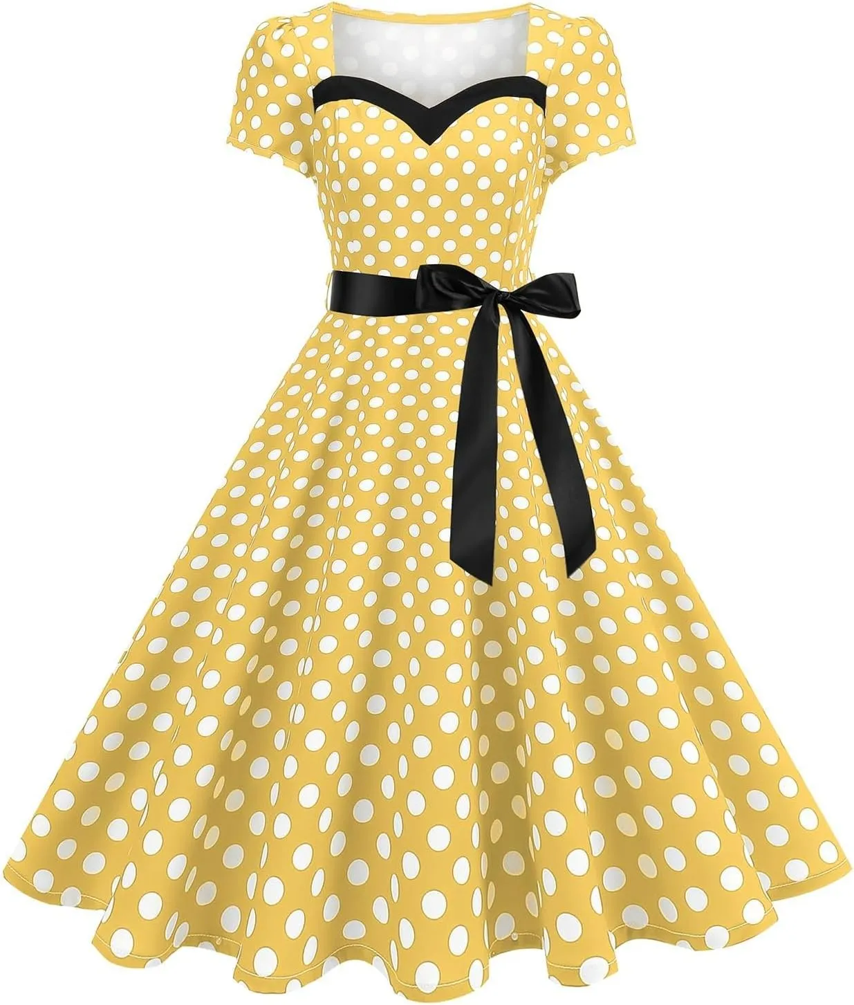 Summer Polka Dots Dresses for Women Vintage Square Neck Midi Dress Short Sleeve Cute Flowy Holiday Party Sundresses