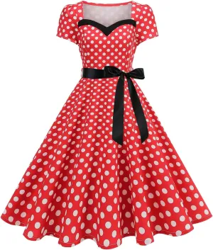 Summer Polka Dots Dresses for Women Vintage Square Neck Midi Dress Short Sleeve Cute Flowy Holiday Party Sundresses