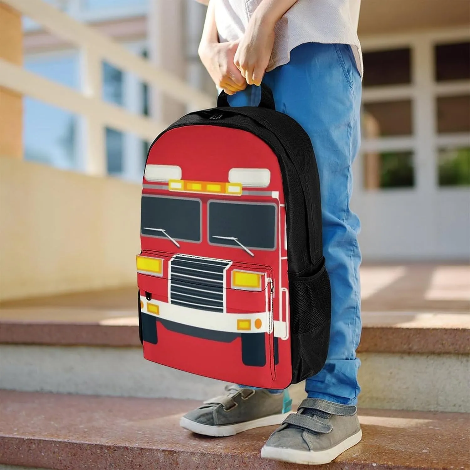 Supdreamc Lightweight Daypack for Camping Business Walking Cycling - Large Capacity Anti-Theft Multipurpose Bookbag, Cute Cartoon Fire Truck Print Gym Outdoor Hiking Backpack
