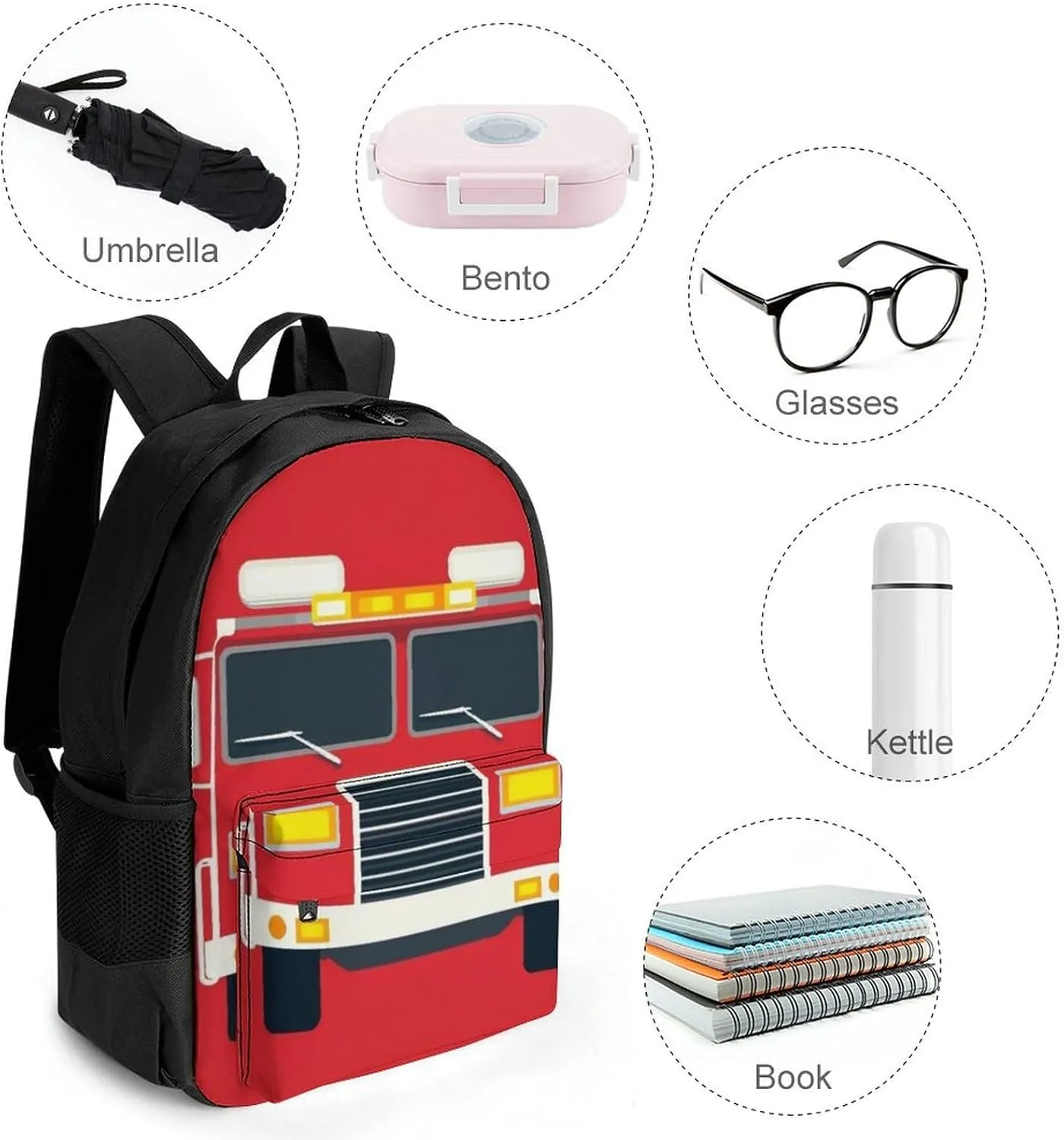 Supdreamc Lightweight Daypack for Camping Business Walking Cycling - Large Capacity Anti-Theft Multipurpose Bookbag, Cute Cartoon Fire Truck Print Gym Outdoor Hiking Backpack