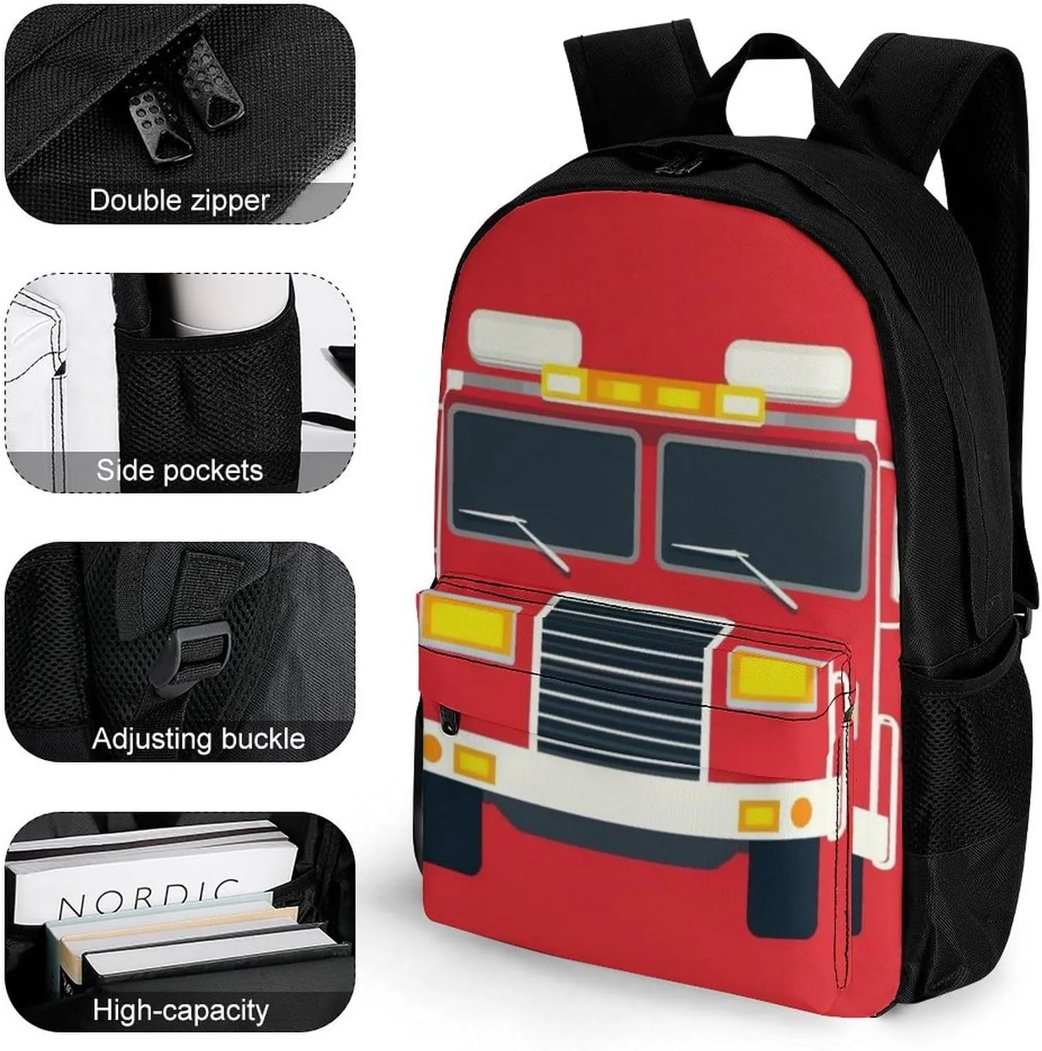 Supdreamc Lightweight Daypack for Camping Business Walking Cycling - Large Capacity Anti-Theft Multipurpose Bookbag, Cute Cartoon Fire Truck Print Gym Outdoor Hiking Backpack