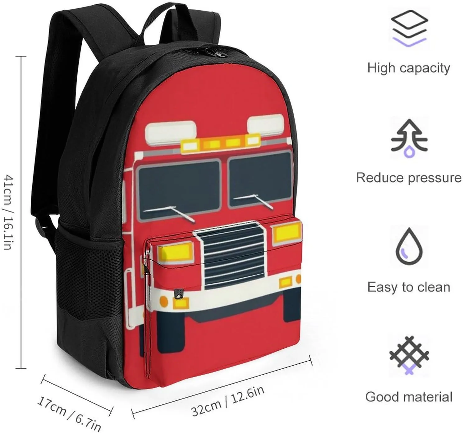 Supdreamc Lightweight Daypack for Camping Business Walking Cycling - Large Capacity Anti-Theft Multipurpose Bookbag, Cute Cartoon Fire Truck Print Gym Outdoor Hiking Backpack