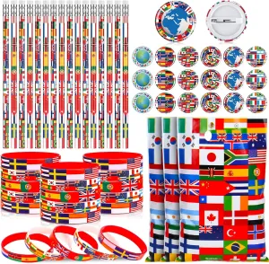 Supervitae 120 Pcs International World Flags Party Favors Accessories Include Flags of All Nations Plastic Goody Bags Pencil Button Pin Rubber Wristband for Travel Trip Around the Globe Festival Decor