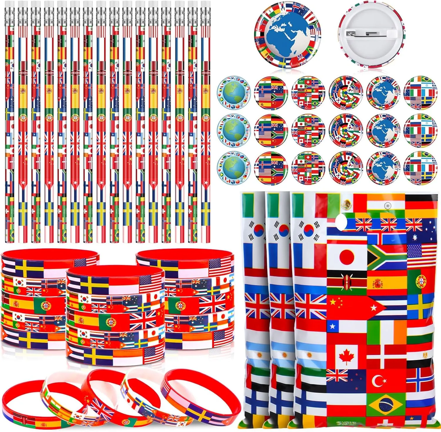 Supervitae 120 Pcs International World Flags Party Favors Accessories Include Flags of All Nations Plastic Goody Bags Pencil Button Pin Rubber Wristband for Travel Trip Around the Globe Festival Decor