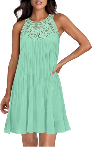 Swimsuit Cover Up for Women Crochet Hollow Out Lace Chiffon Mini Dress Summer Sleeveless Beach Flowy Tank Dresses