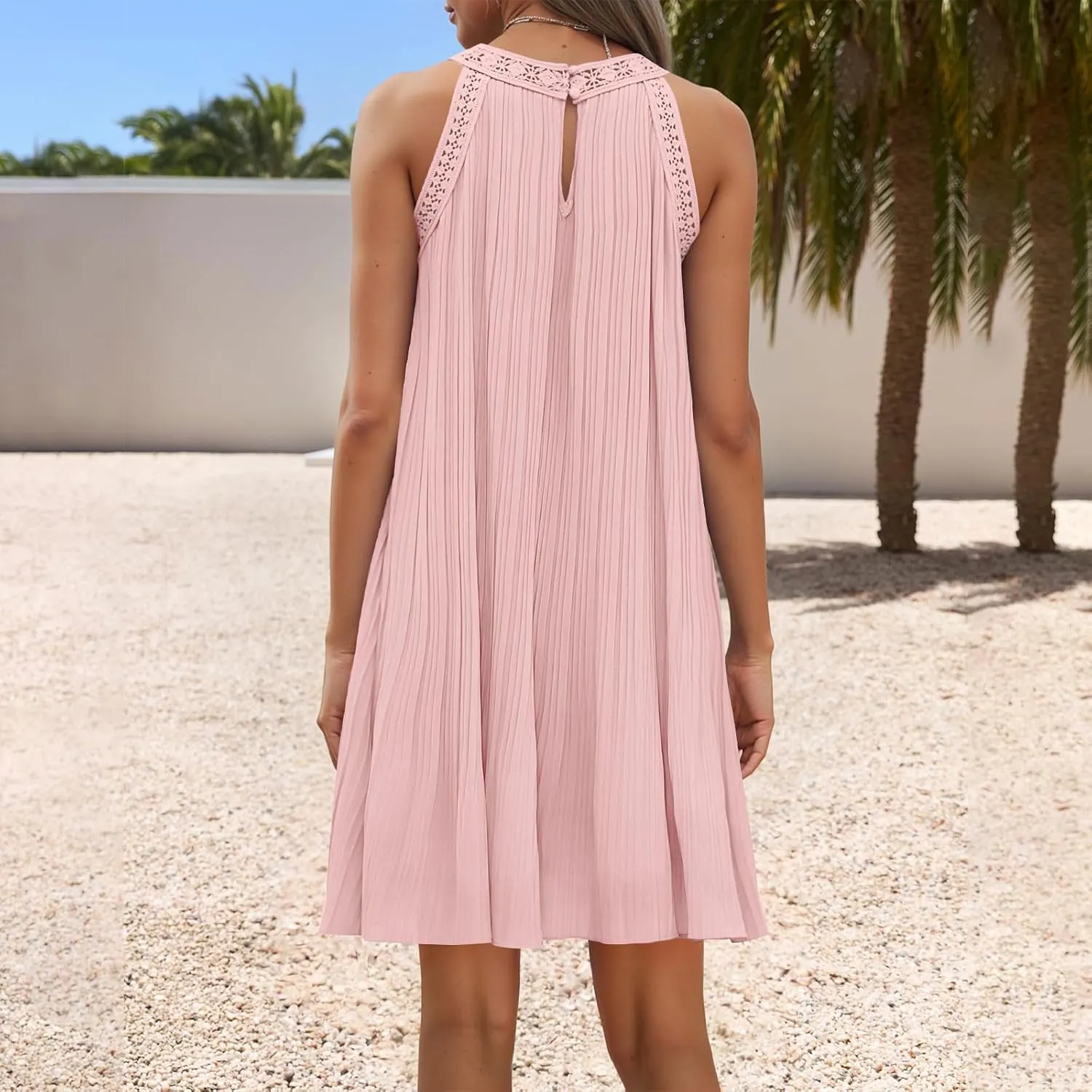 Swimsuit Cover Up for Women Crochet Hollow Out Lace Chiffon Mini Dress Summer Sleeveless Beach Flowy Tank Dresses