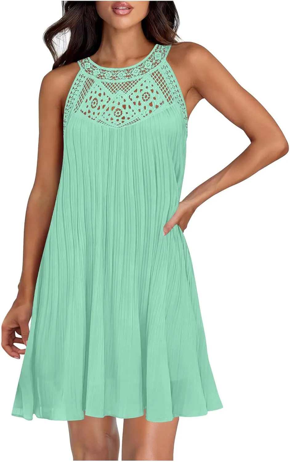 Swimsuit Cover Up for Women Crochet Hollow Out Lace Chiffon Mini Dress Summer Sleeveless Beach Flowy Tank Dresses