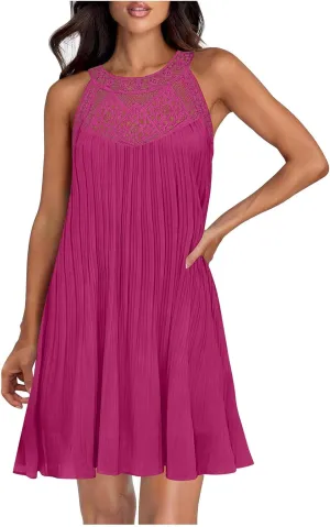 Swimsuit Cover Up for Women Crochet Hollow Out Lace Chiffon Mini Dress Summer Sleeveless Beach Flowy Tank Dresses
