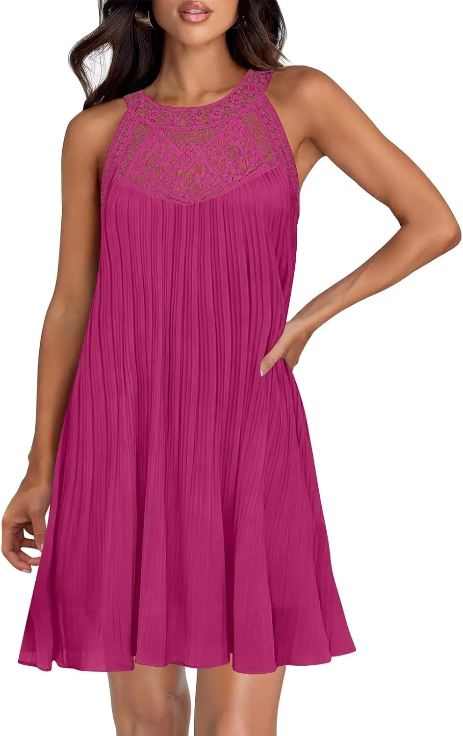 Swimsuit Cover Up for Women Crochet Hollow Out Lace Chiffon Mini Dress Summer Sleeveless Beach Flowy Tank Dresses