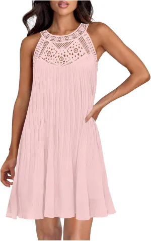 Swimsuit Cover Up for Women Crochet Hollow Out Lace Chiffon Mini Dress Summer Sleeveless Beach Flowy Tank Dresses