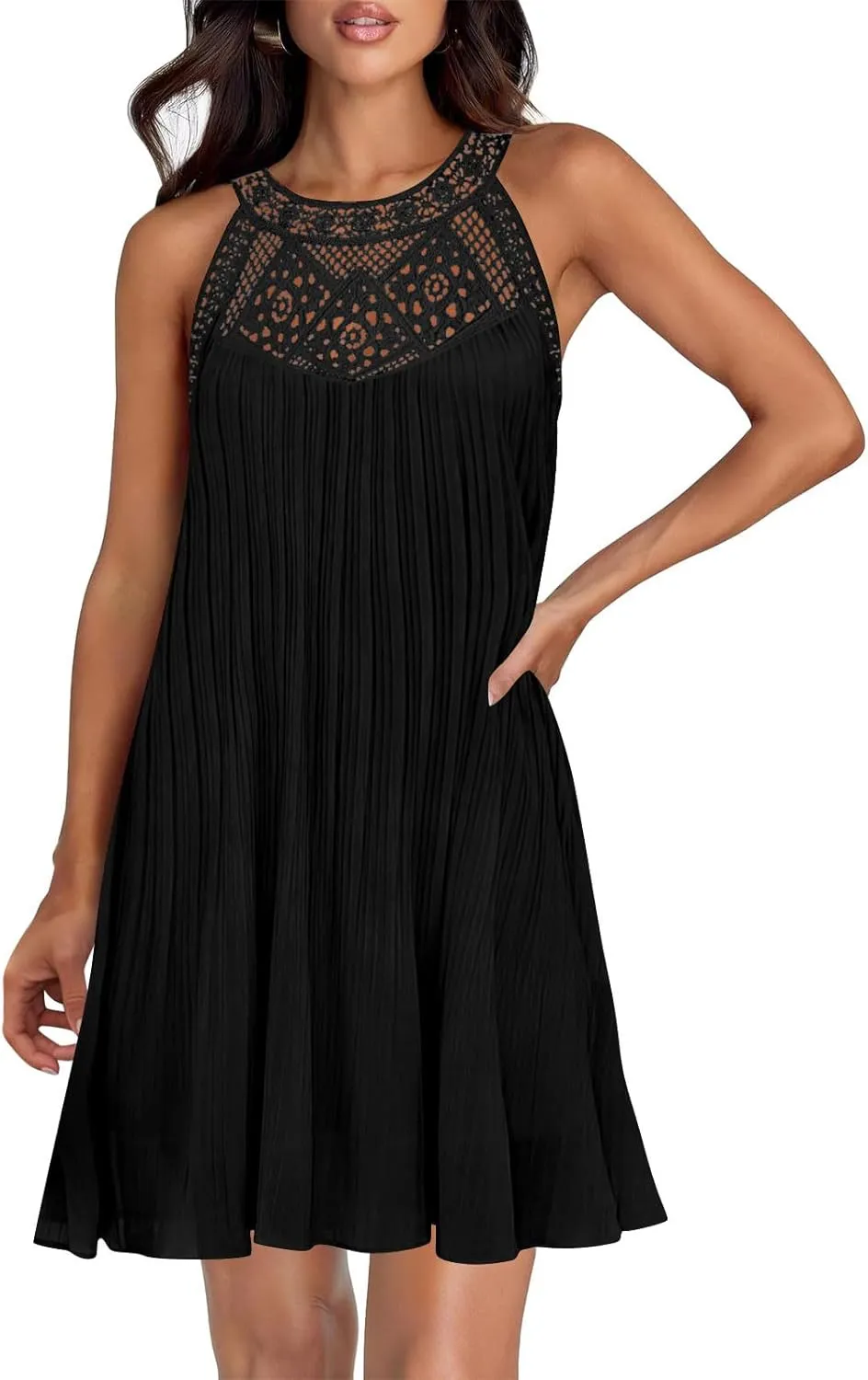 Swimsuit Cover Up for Women Crochet Hollow Out Lace Chiffon Mini Dress Summer Sleeveless Beach Flowy Tank Dresses