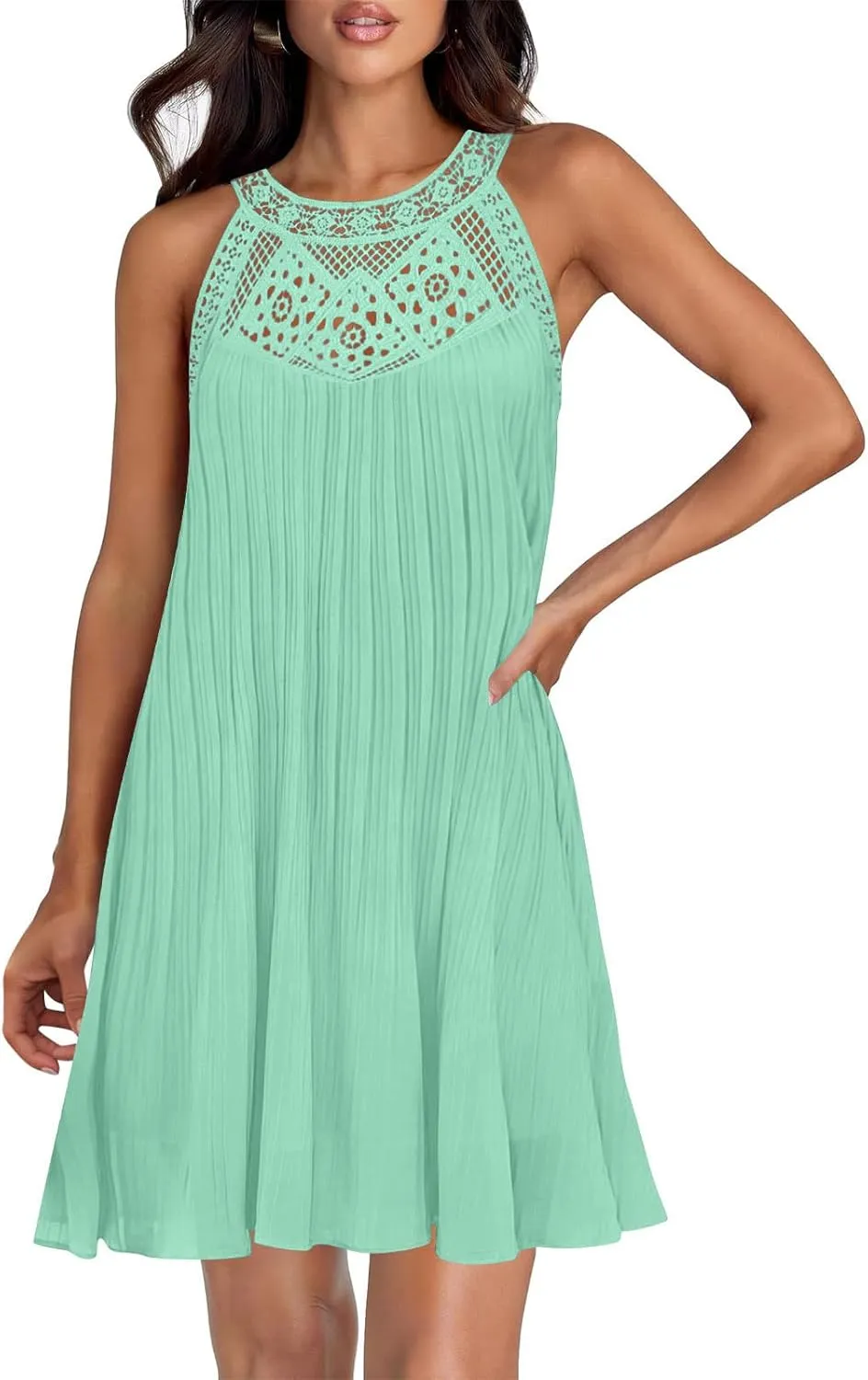 Swimsuit Cover Up for Women Crochet Hollow Out Lace Chiffon Mini Dress Summer Sleeveless Beach Flowy Tank Dresses