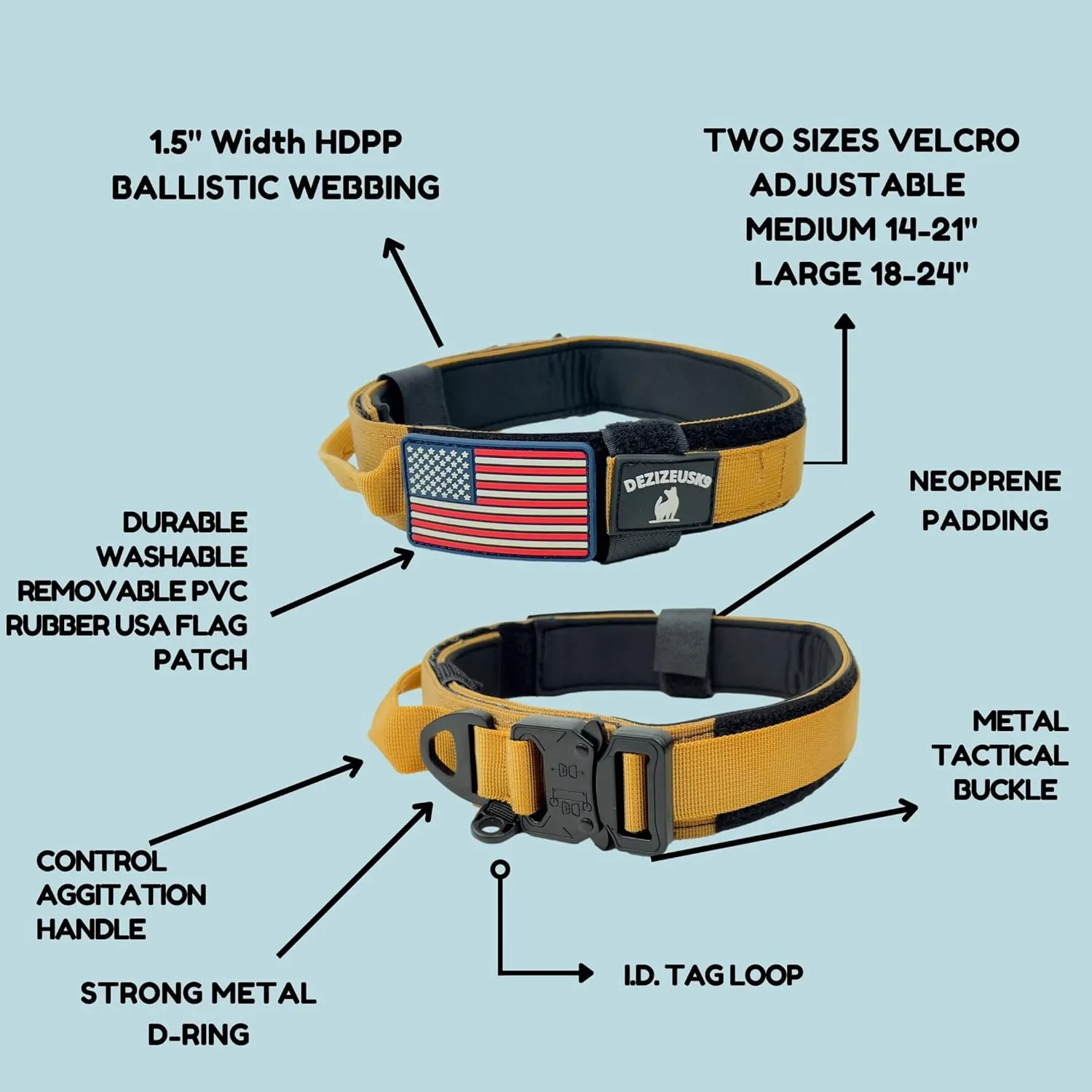Tactical Dog Collar with Handle, American Flag Patch, 1.5 Inch Wide Thick Heavy Duty Nylon, Quick Release Metal Buckle, Customizable Name Plate, Ideal Dog Collars for Medium to Large Breeds K9 Harness
