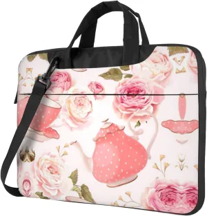 Tea Cups With Roses Romantic Shabby Print Laptop Bag,Can Use It Freely As A Shoulder Bag,Crossbody Bag,And Briefcase