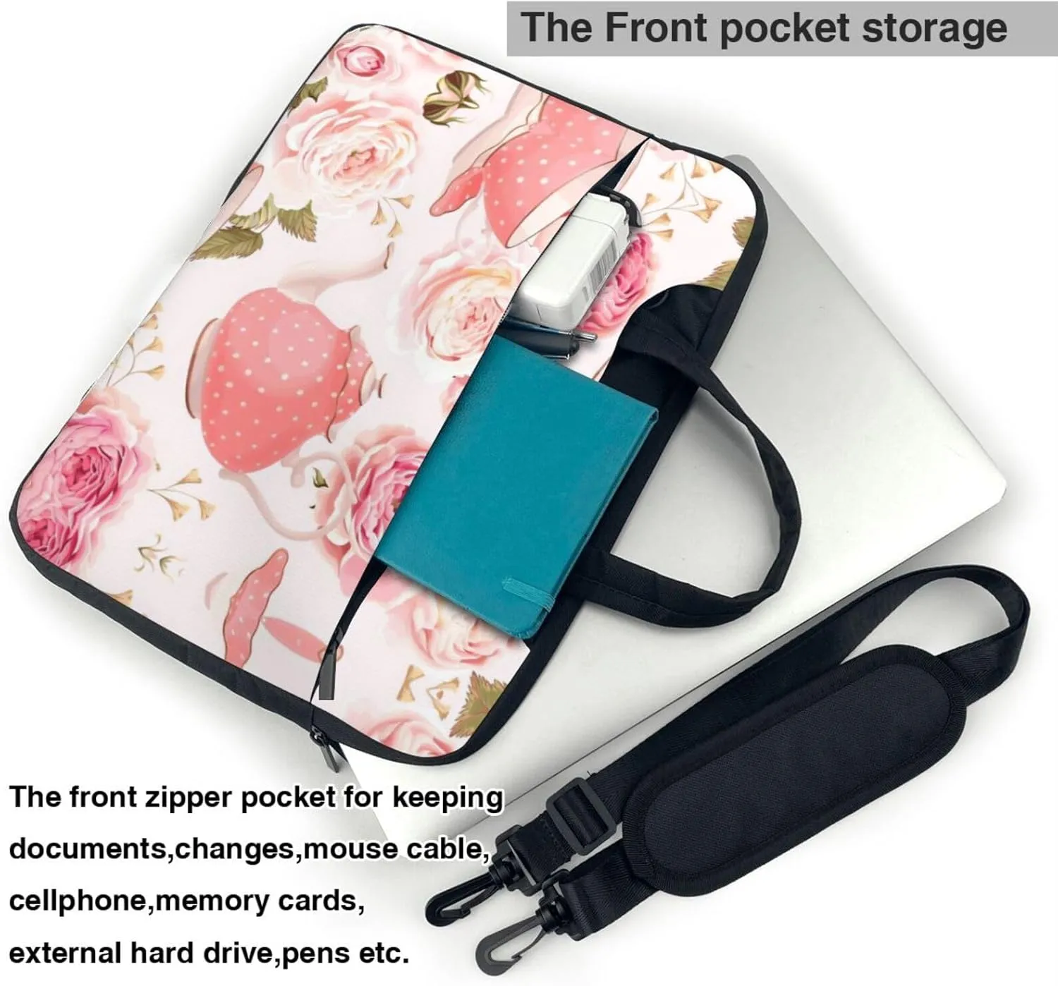 Tea Cups With Roses Romantic Shabby Print Laptop Bag,Can Use It Freely As A Shoulder Bag,Crossbody Bag,And Briefcase