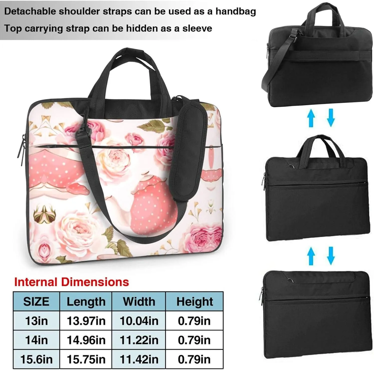 Tea Cups With Roses Romantic Shabby Print Laptop Bag,Can Use It Freely As A Shoulder Bag,Crossbody Bag,And Briefcase