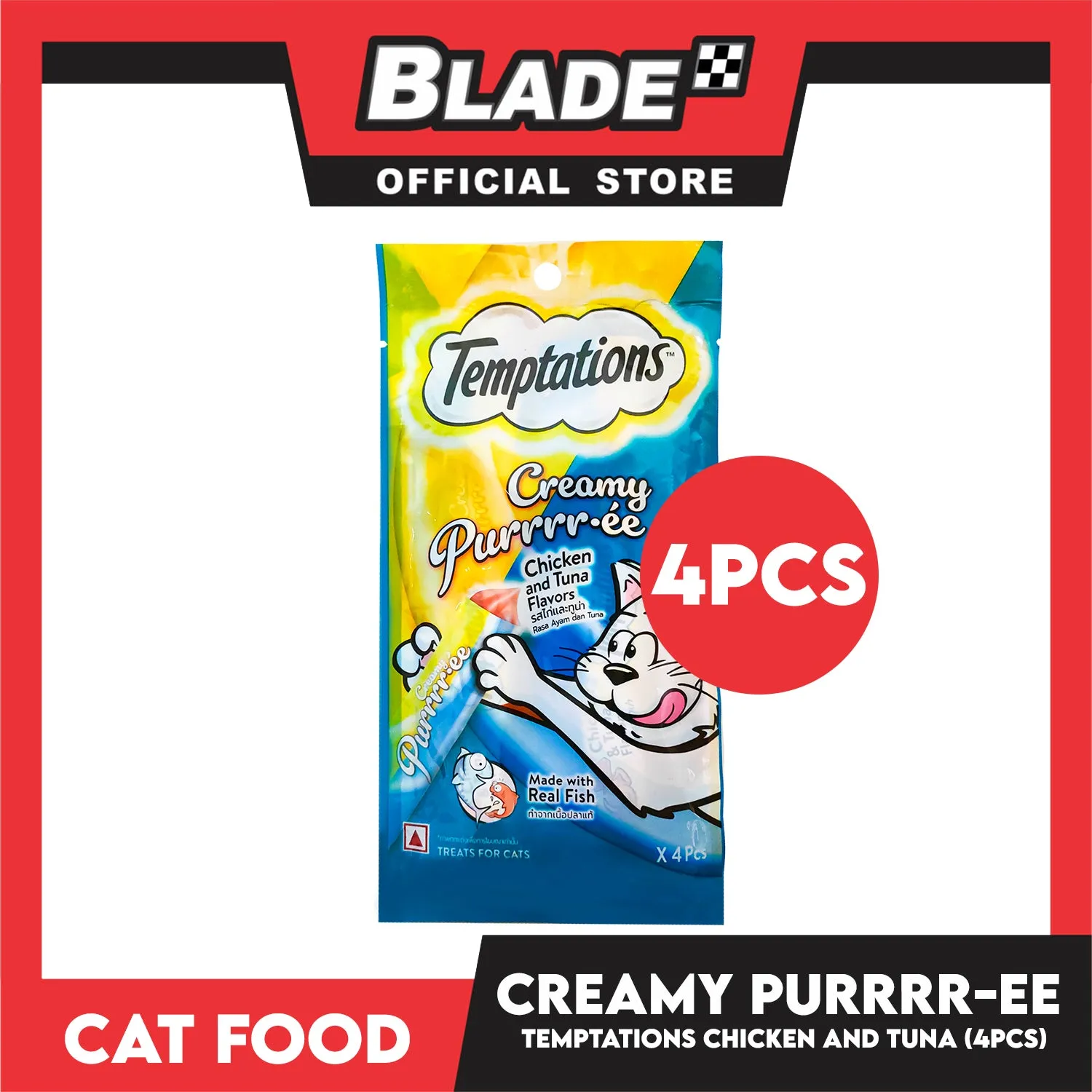Temptations Creamy Pure Made With Real Fish Lickable Cat Treats 12g x 4pcs Sachets (Chicken And Tuna) Cat Wet Food, Cat Snack