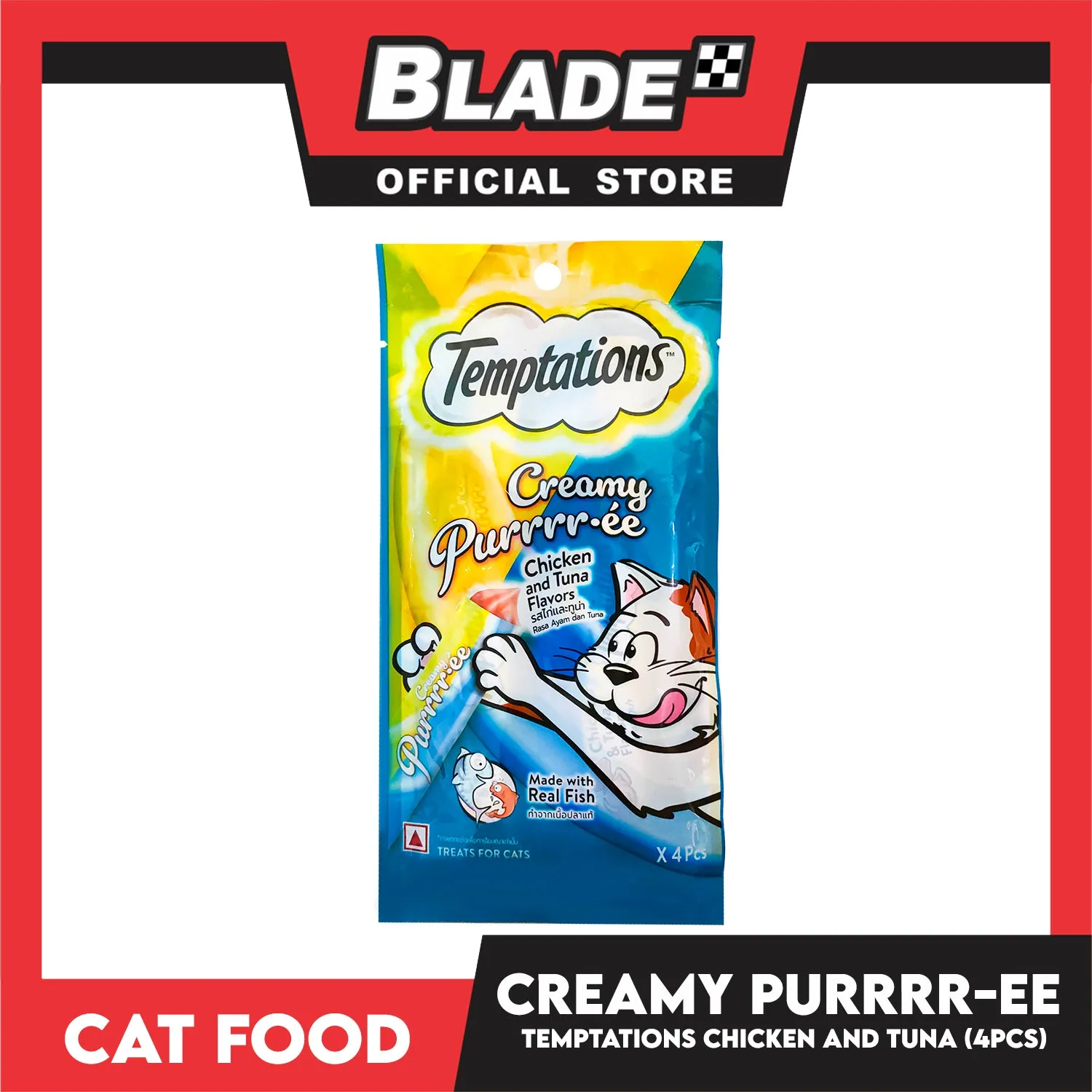 Temptations Creamy Pure Made With Real Fish Lickable Cat Treats 12g x 4pcs Sachets (Chicken And Tuna) Cat Wet Food, Cat Snack
