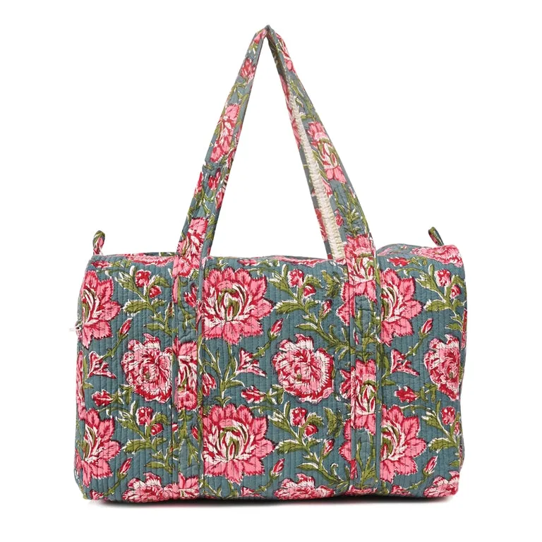 THAI SUNFLOWER HAND BLOCK PRINTED QUILTED TRAVEL DUFFLE BAG BIG