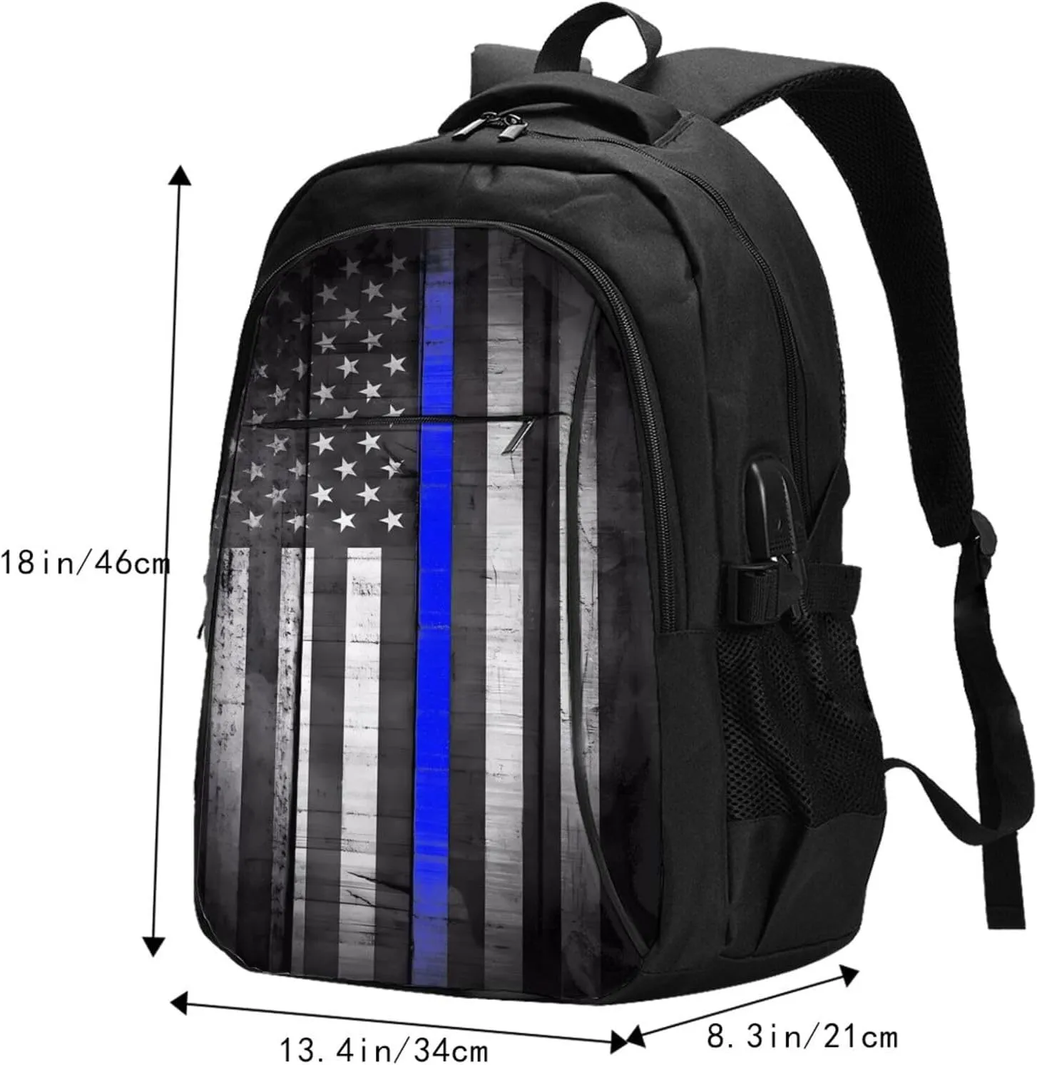 Thin Blue Line Black White American Flag Travel Backpack Laptop Backpacks Business Rucksack Outdoor Daypack Large Sport Bag with Luggage Strap USB Charging Port for Hiking Working