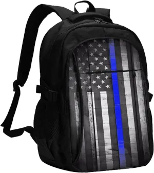 Thin Blue Line Black White American Flag Travel Backpack Laptop Backpacks Business Rucksack Outdoor Daypack Large Sport Bag with Luggage Strap USB Charging Port for Hiking Working