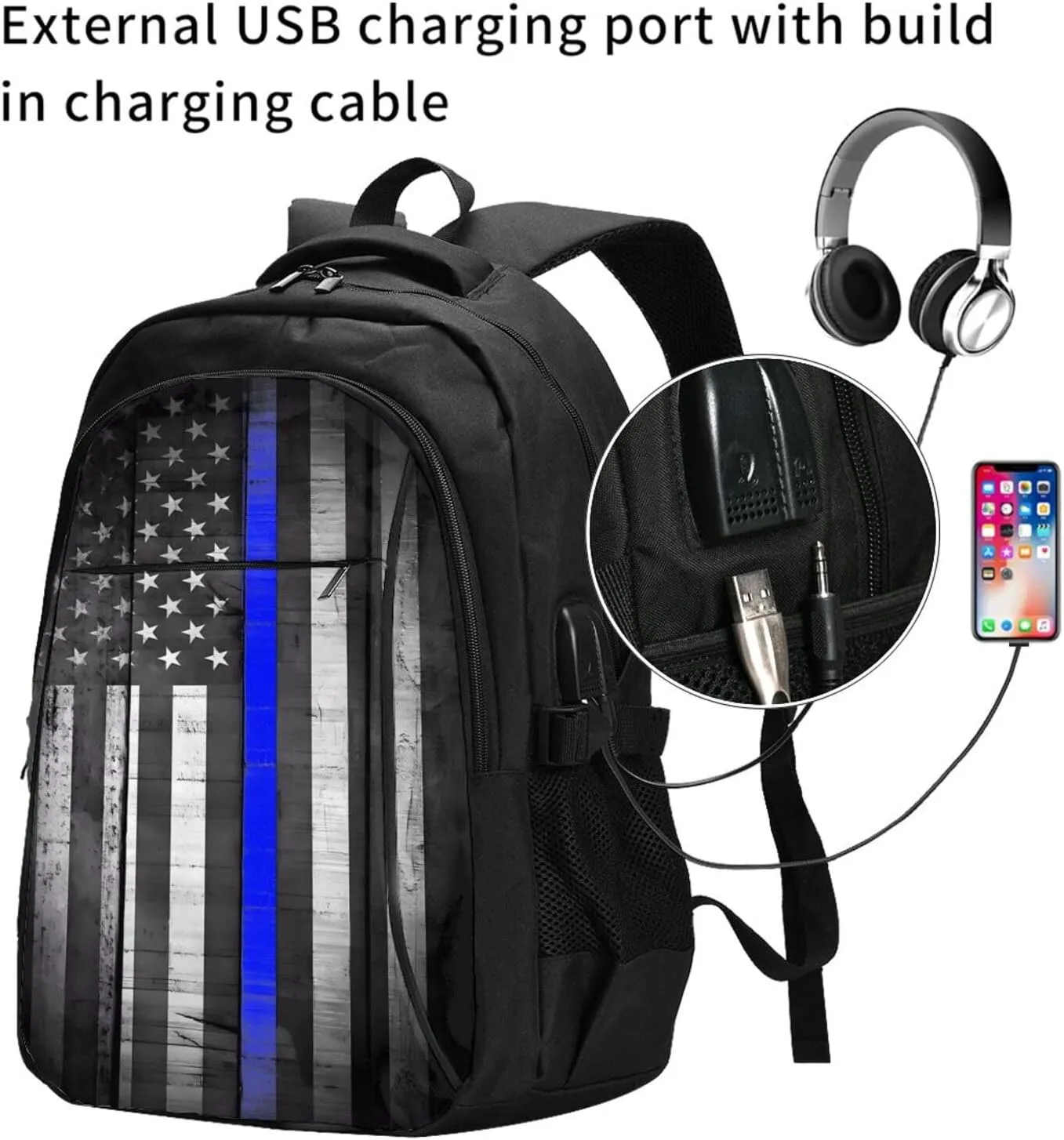 Thin Blue Line Black White American Flag Travel Backpack Laptop Backpacks Business Rucksack Outdoor Daypack Large Sport Bag with Luggage Strap USB Charging Port for Hiking Working