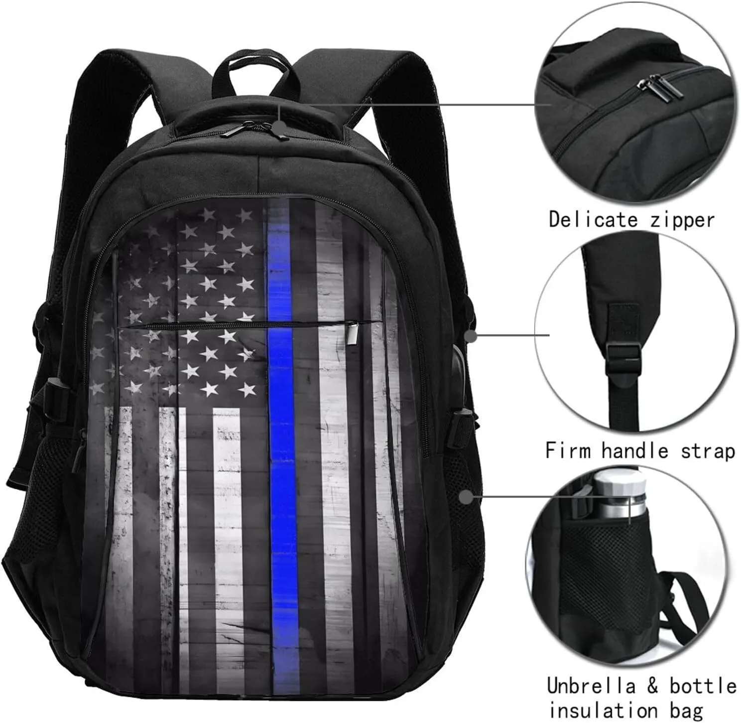 Thin Blue Line Black White American Flag Travel Backpack Laptop Backpacks Business Rucksack Outdoor Daypack Large Sport Bag with Luggage Strap USB Charging Port for Hiking Working