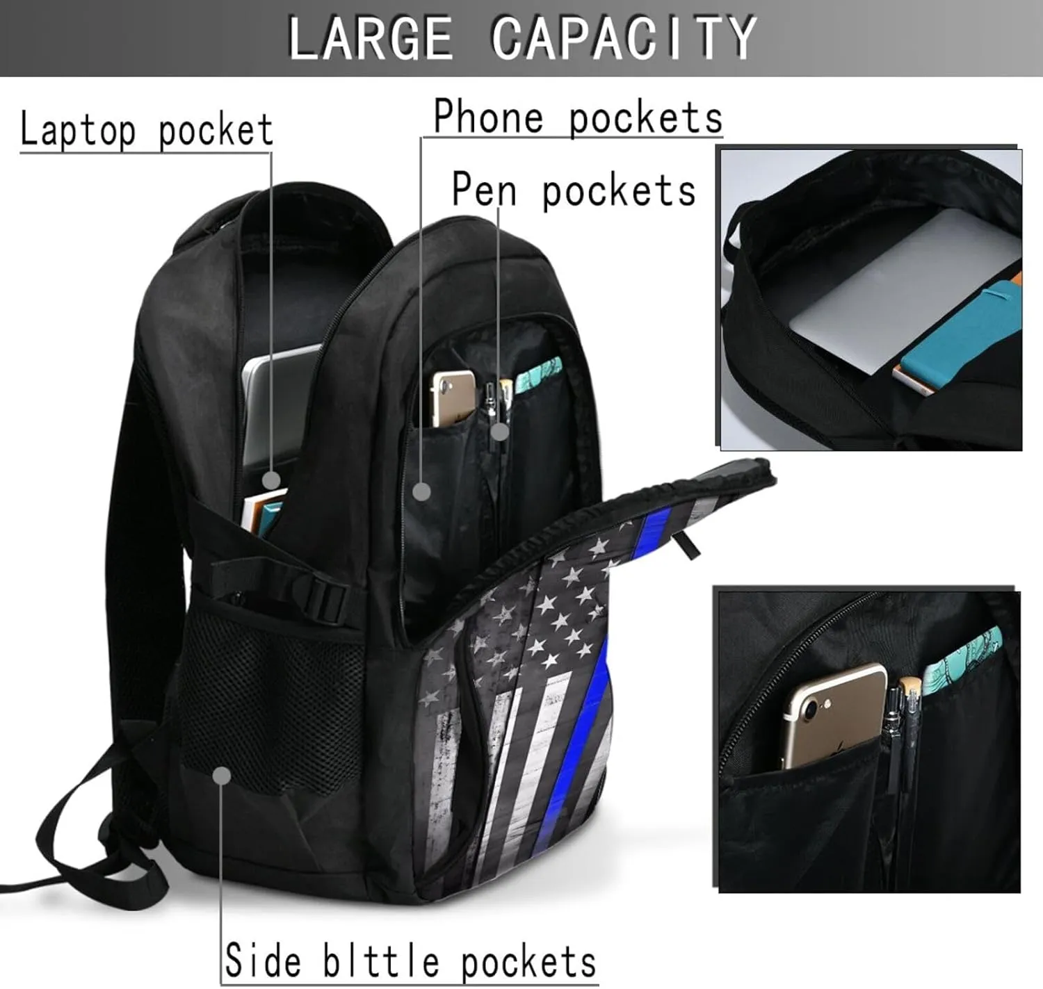 Thin Blue Line Black White American Flag Travel Backpack Laptop Backpacks Business Rucksack Outdoor Daypack Large Sport Bag with Luggage Strap USB Charging Port for Hiking Working