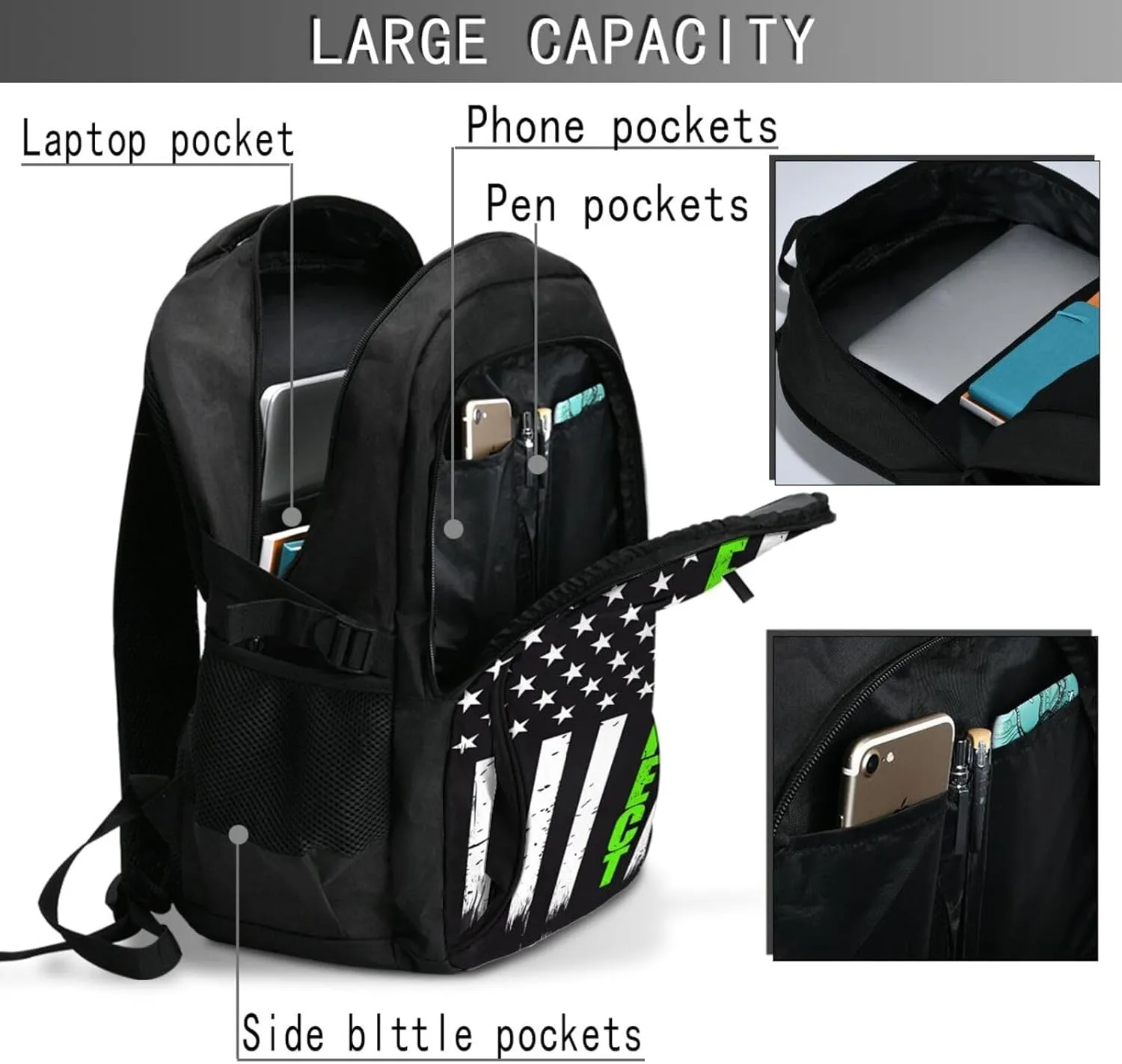 Thin Green Line American Flag Respect Travel Backpack Laptop Backpacks Business Rucksack Outdoor Daypack Large Sport Bag with Luggage Strap USB Charging Port for Hiking Working