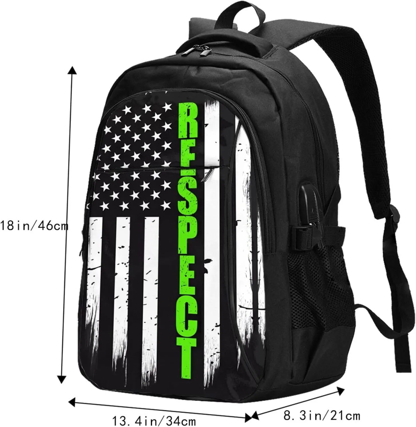 Thin Green Line American Flag Respect Travel Backpack Laptop Backpacks Business Rucksack Outdoor Daypack Large Sport Bag with Luggage Strap USB Charging Port for Hiking Working