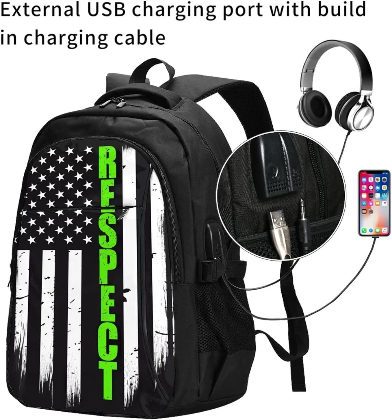 Thin Green Line American Flag Respect Travel Backpack Laptop Backpacks Business Rucksack Outdoor Daypack Large Sport Bag with Luggage Strap USB Charging Port for Hiking Working