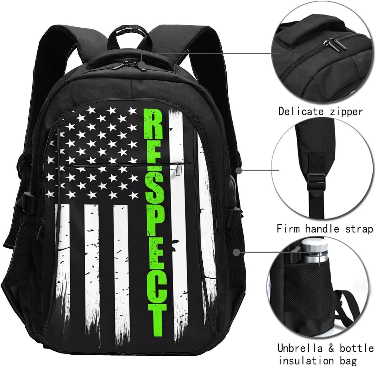 Thin Green Line American Flag Respect Travel Backpack Laptop Backpacks Business Rucksack Outdoor Daypack Large Sport Bag with Luggage Strap USB Charging Port for Hiking Working