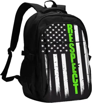 Thin Green Line American Flag Respect Travel Backpack Laptop Backpacks Business Rucksack Outdoor Daypack Large Sport Bag with Luggage Strap USB Charging Port for Hiking Working