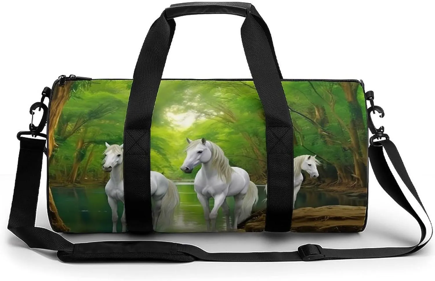 Three White Horses Green Forests Print Gym Sport Bag Travel Duffel Bags Weekender Carry on Tote Bags for Women Men