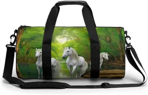 Three White Horses Green Forests Print Gym Sport Bag Travel Duffel Bags Weekender Carry on Tote Bags for Women Men