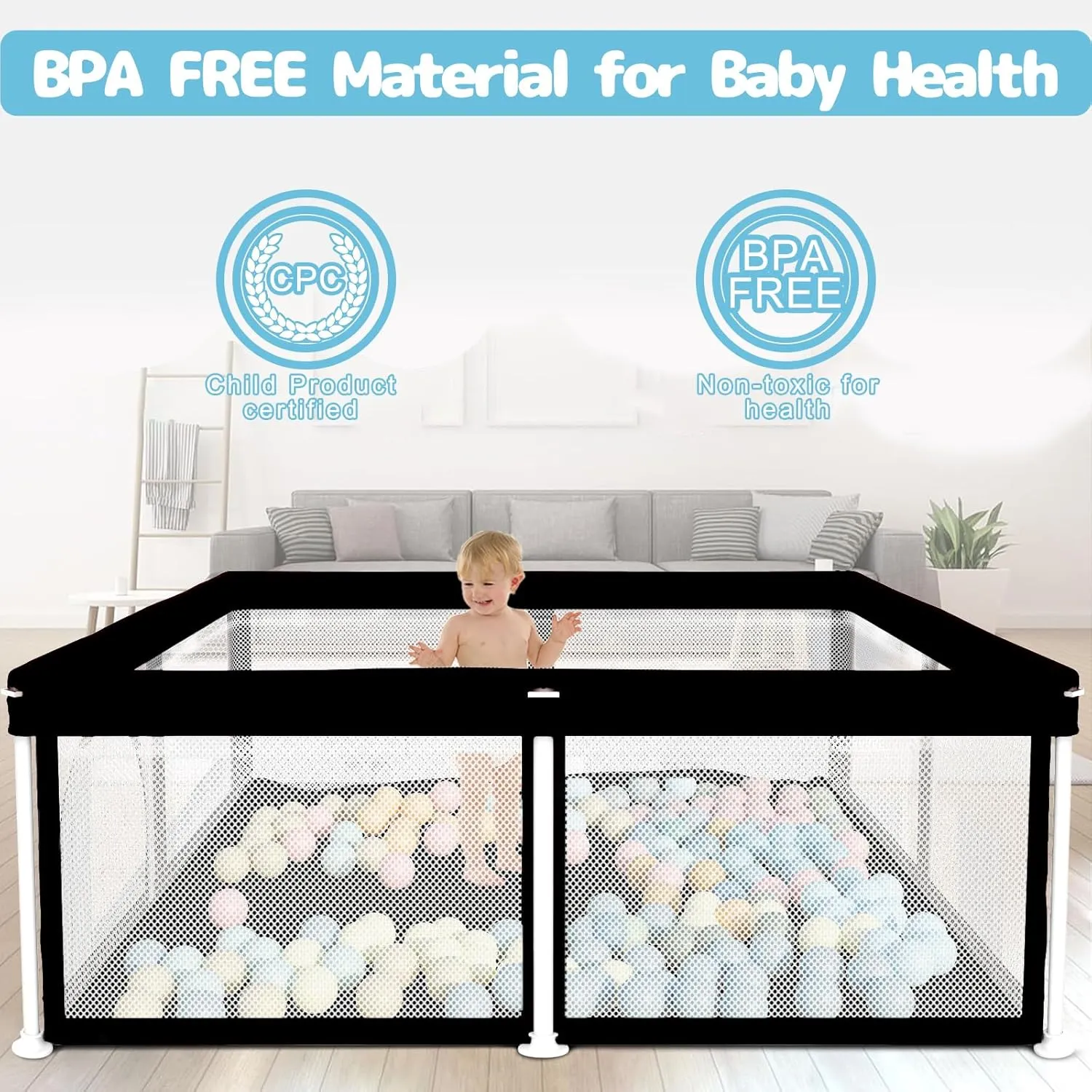 TOREVSIOR Foldable Baby Playpen with Mat, 50"×50" Collapsible Play Pen for Babies and Toddlers, Indoor & Outdoor Kids Safety Play Pen, Portable Play Yard, Foldable Baby Playpen with 50 Ocean Balls