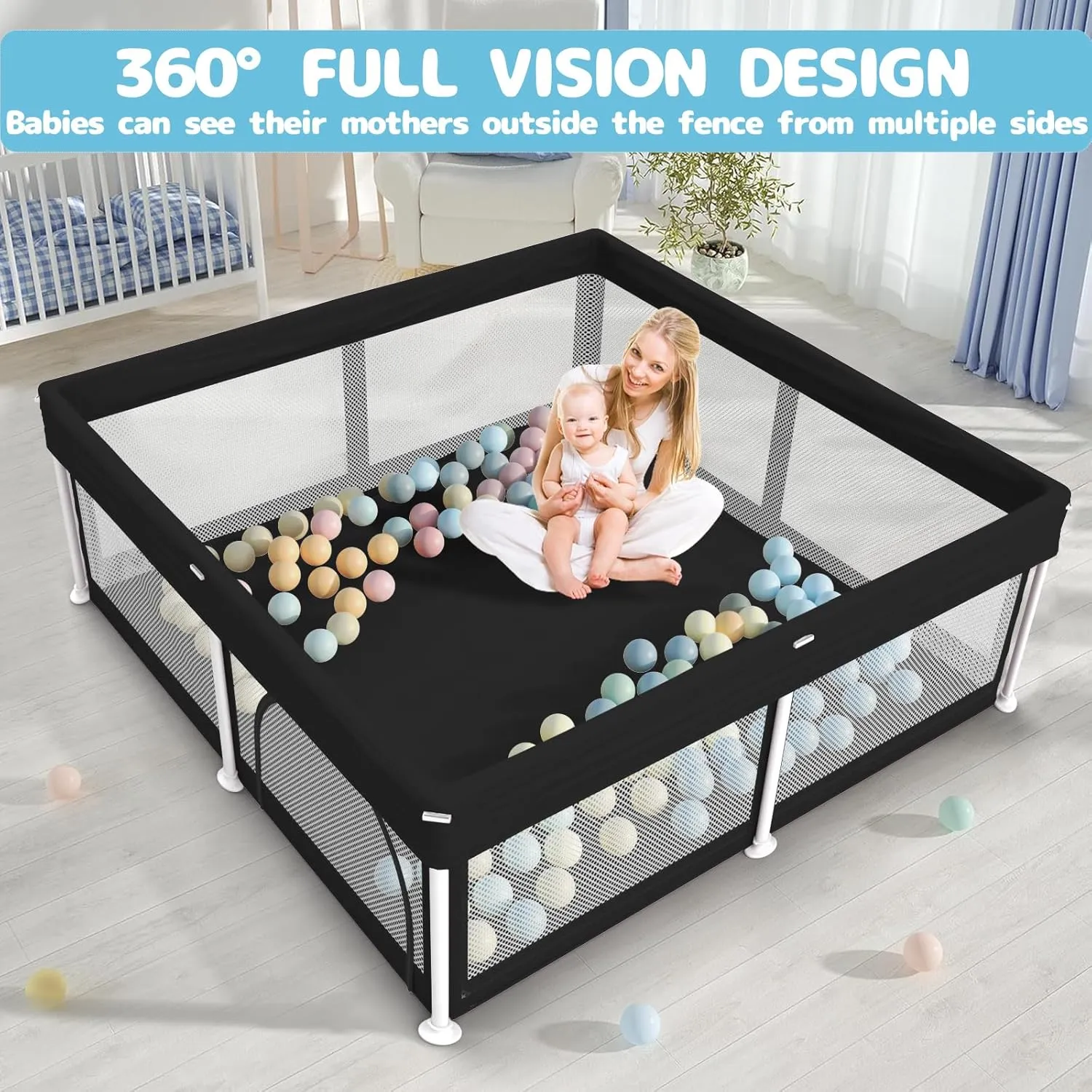 TOREVSIOR Foldable Baby Playpen with Mat, 50"×50" Collapsible Play Pen for Babies and Toddlers, Indoor & Outdoor Kids Safety Play Pen, Portable Play Yard, Foldable Baby Playpen with 50 Ocean Balls