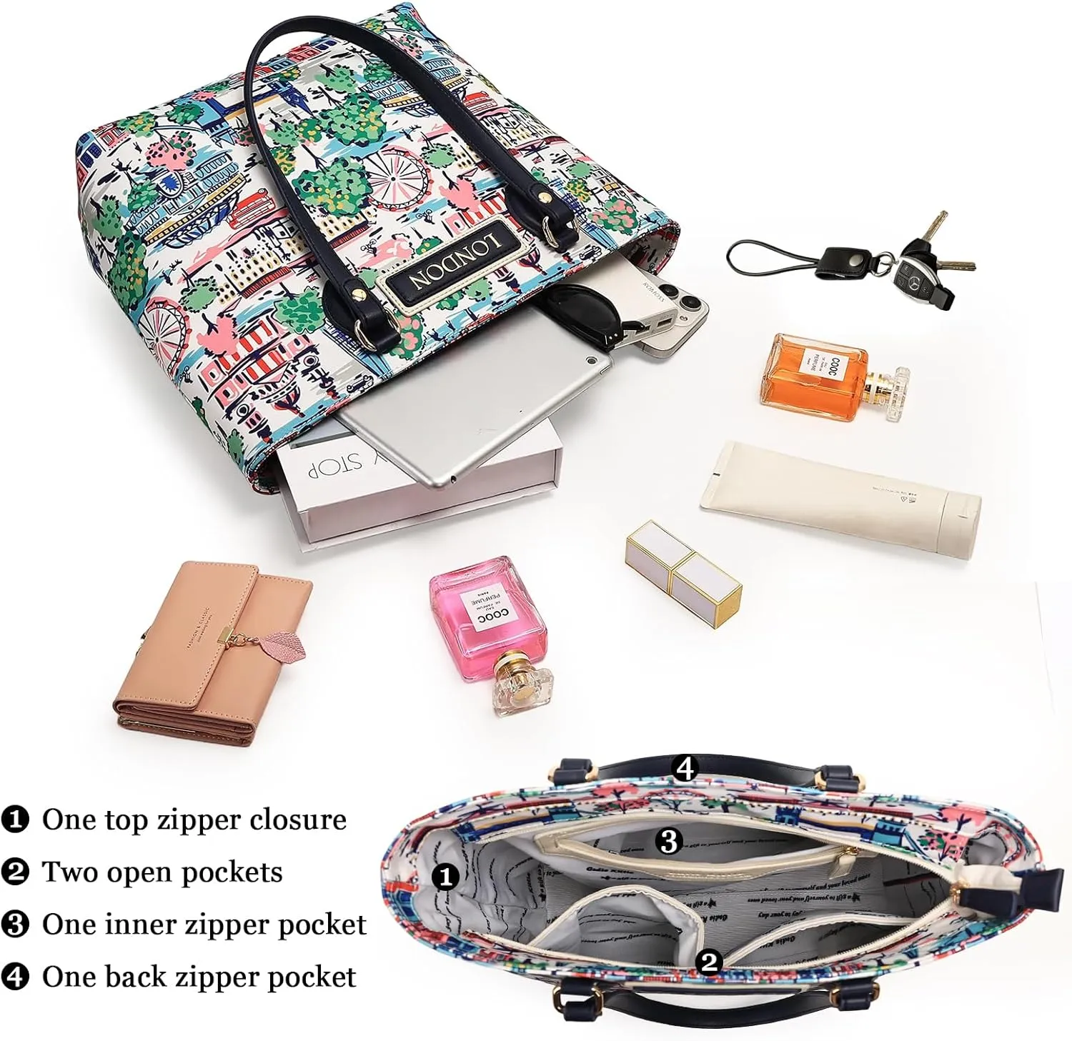 Tote bags for women, tote purse, nylon tote bag, with zipper and pockets, waterproof, lightweight