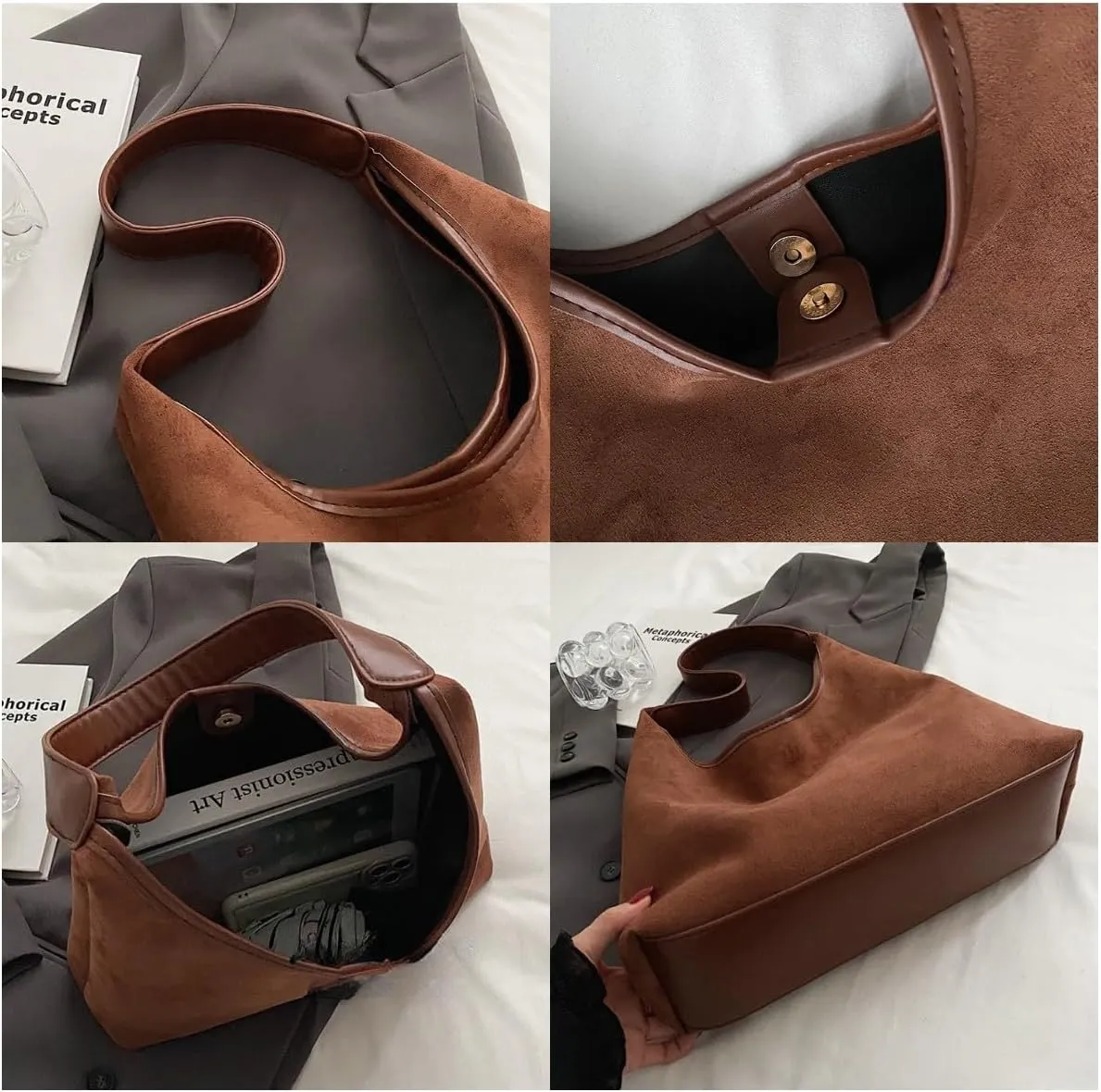 Tote Bags for Women,Suede Hobo Bag,Shoulder Bag Work Bags Suede Slouchy Bag Hobo Handbag Office Tote Handbag