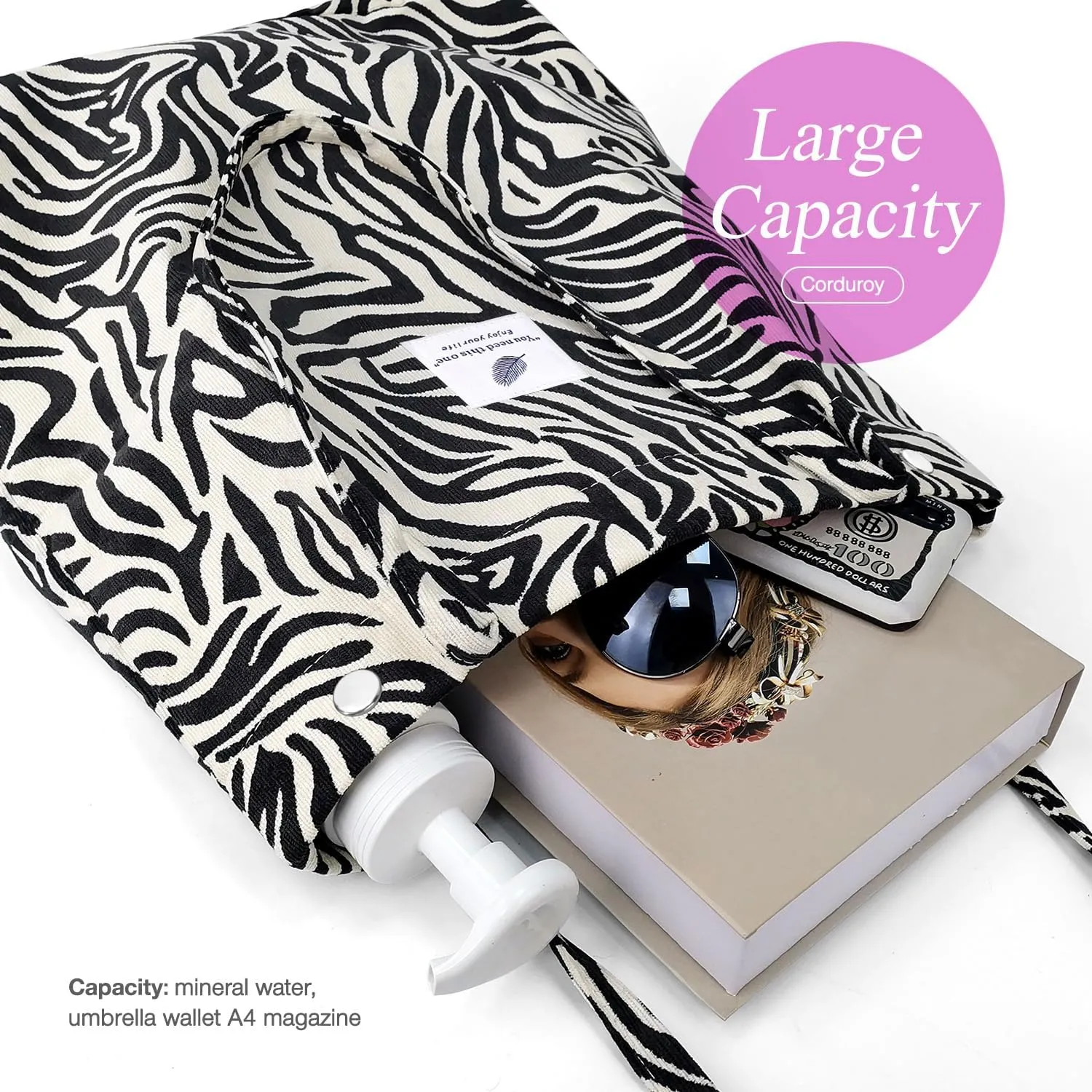 Tote Women Girls, Large Capacity Corduroy Reusable Grocery Shoulder Bag with Inner Pockets