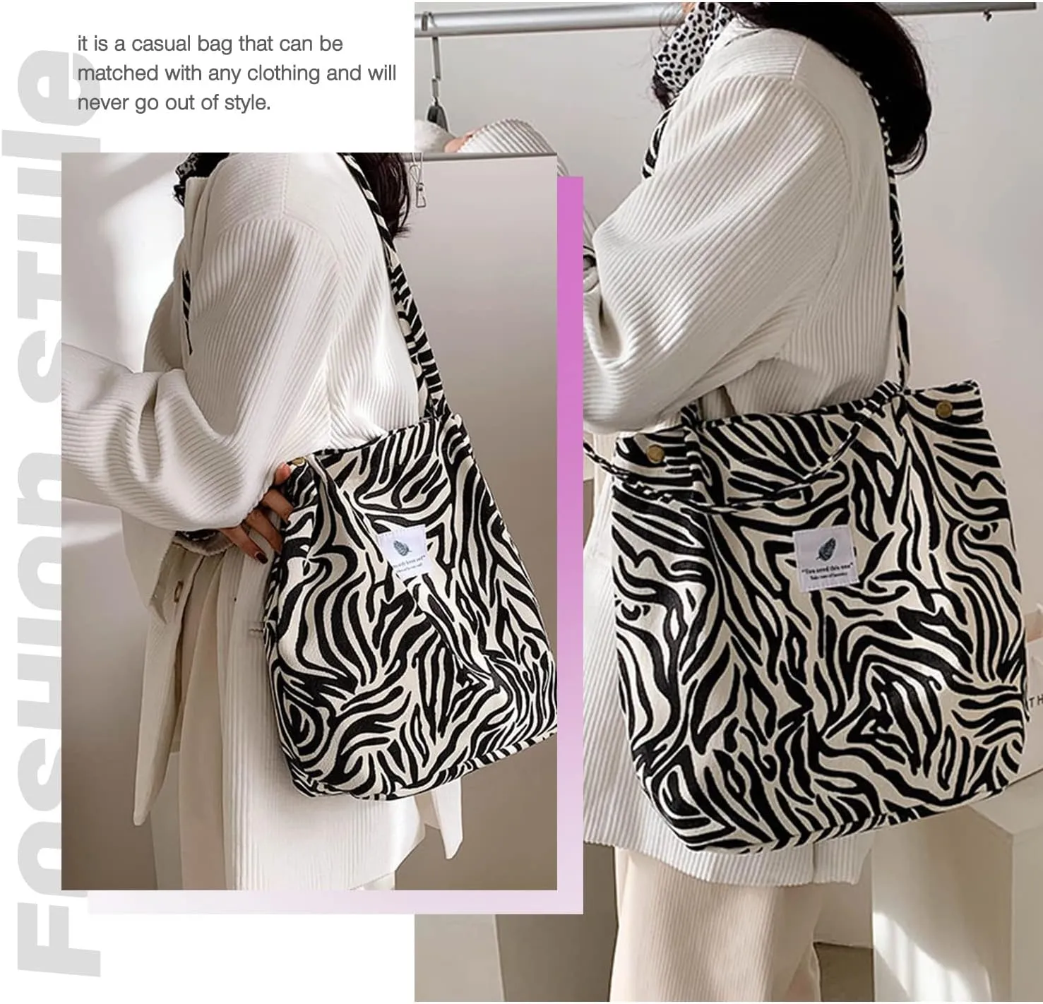 Tote Women Girls, Large Capacity Corduroy Reusable Grocery Shoulder Bag with Inner Pockets