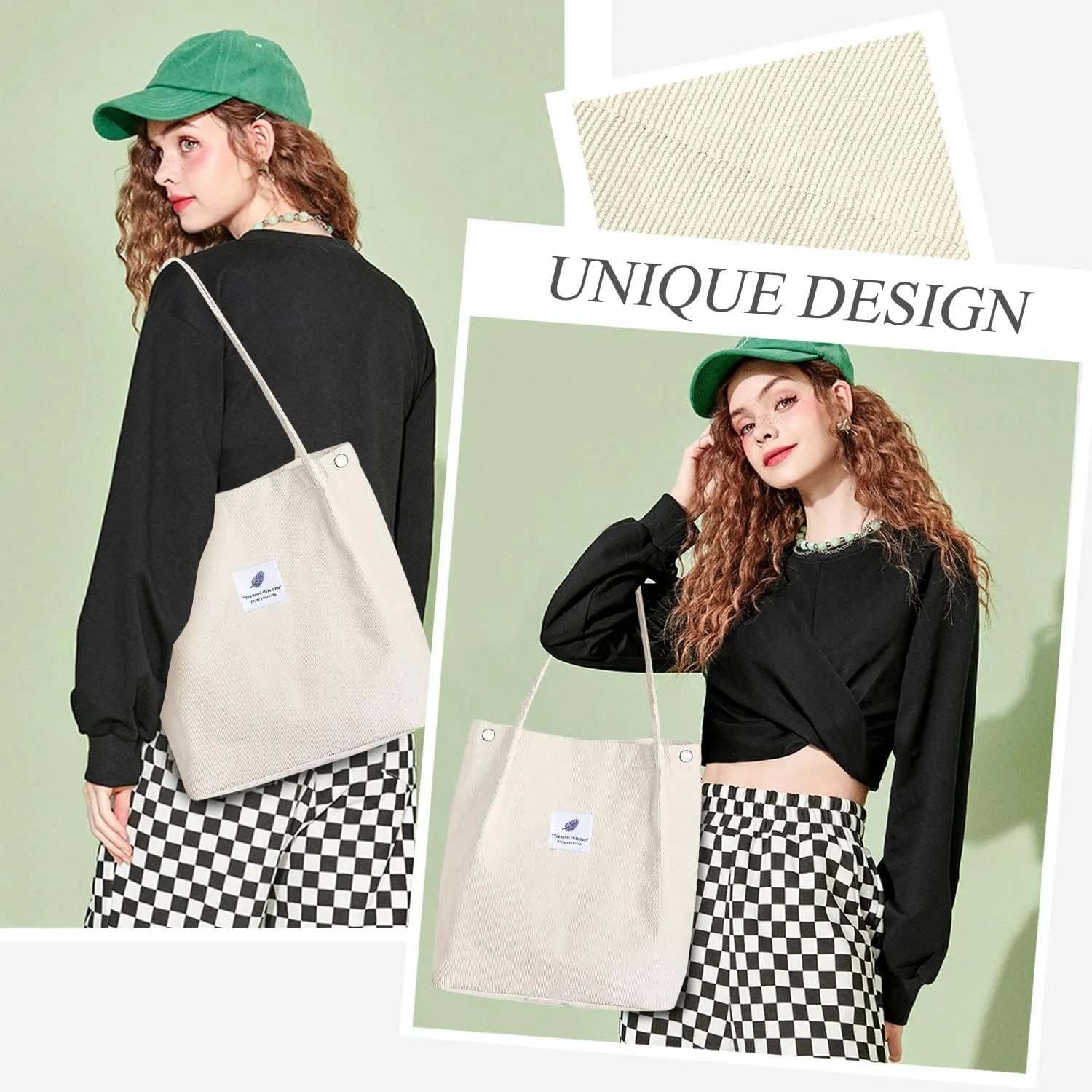 Tote Women Girls, Large Capacity Corduroy Reusable Grocery Shoulder Bag with Inner Pockets
