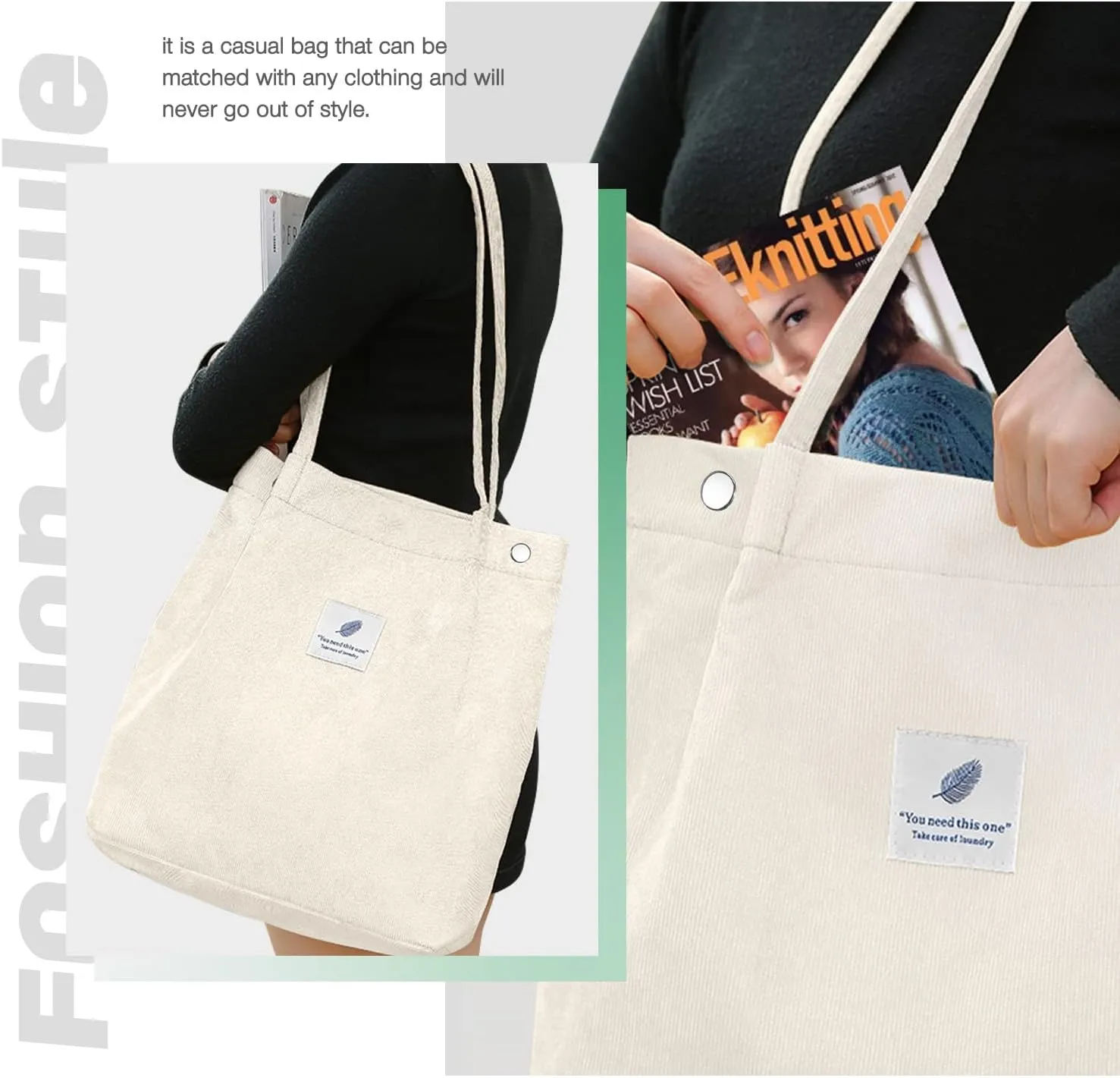 Tote Women Girls, Large Capacity Corduroy Reusable Grocery Shoulder Bag with Inner Pockets