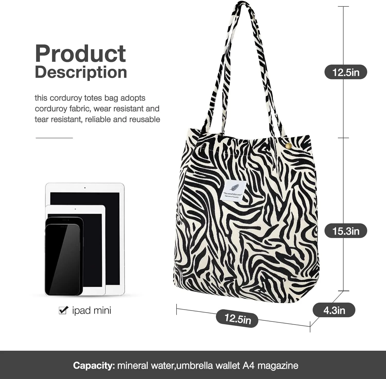 Tote Women Girls, Large Capacity Corduroy Reusable Grocery Shoulder Bag with Inner Pockets