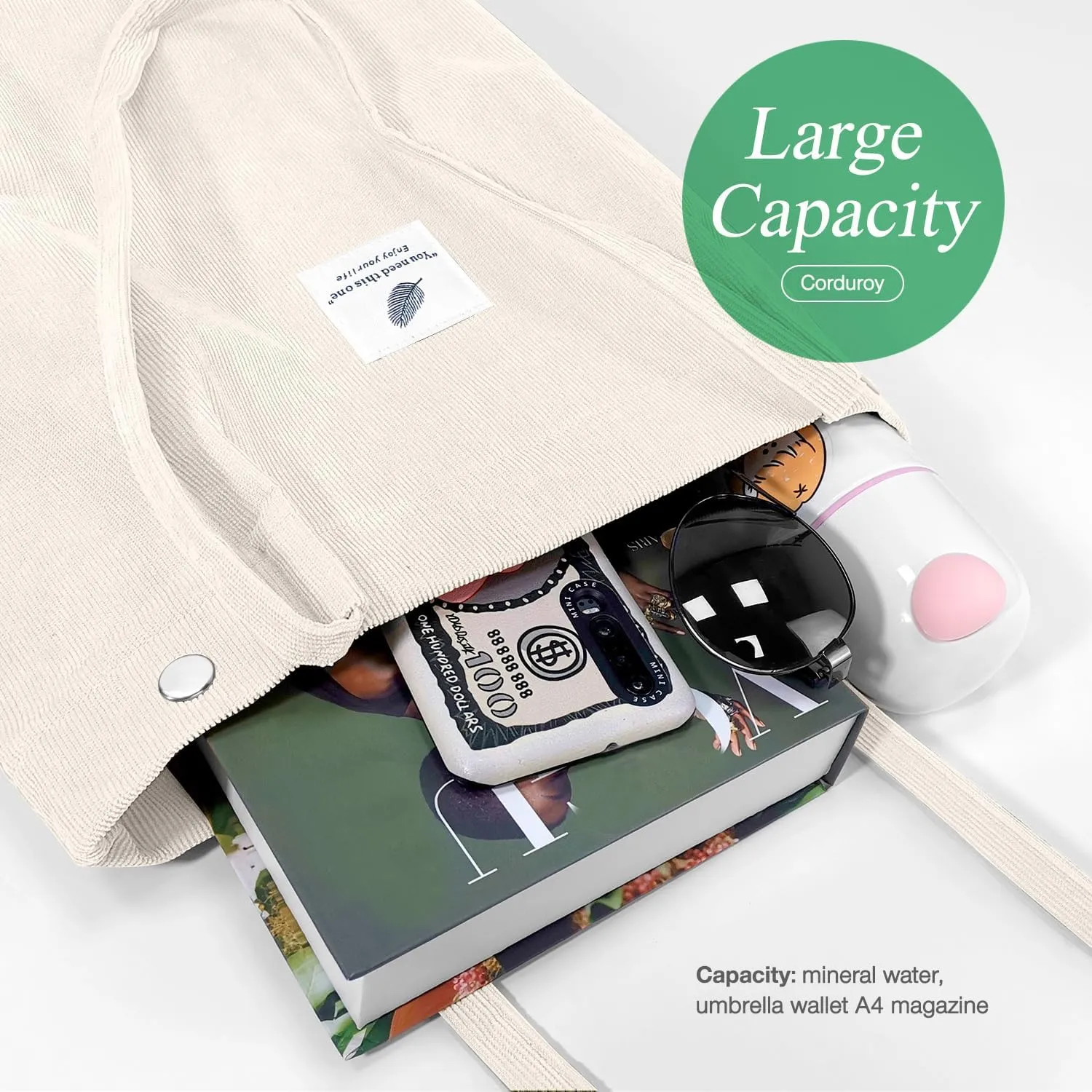 Tote Women Girls, Large Capacity Corduroy Reusable Grocery Shoulder Bag with Inner Pockets