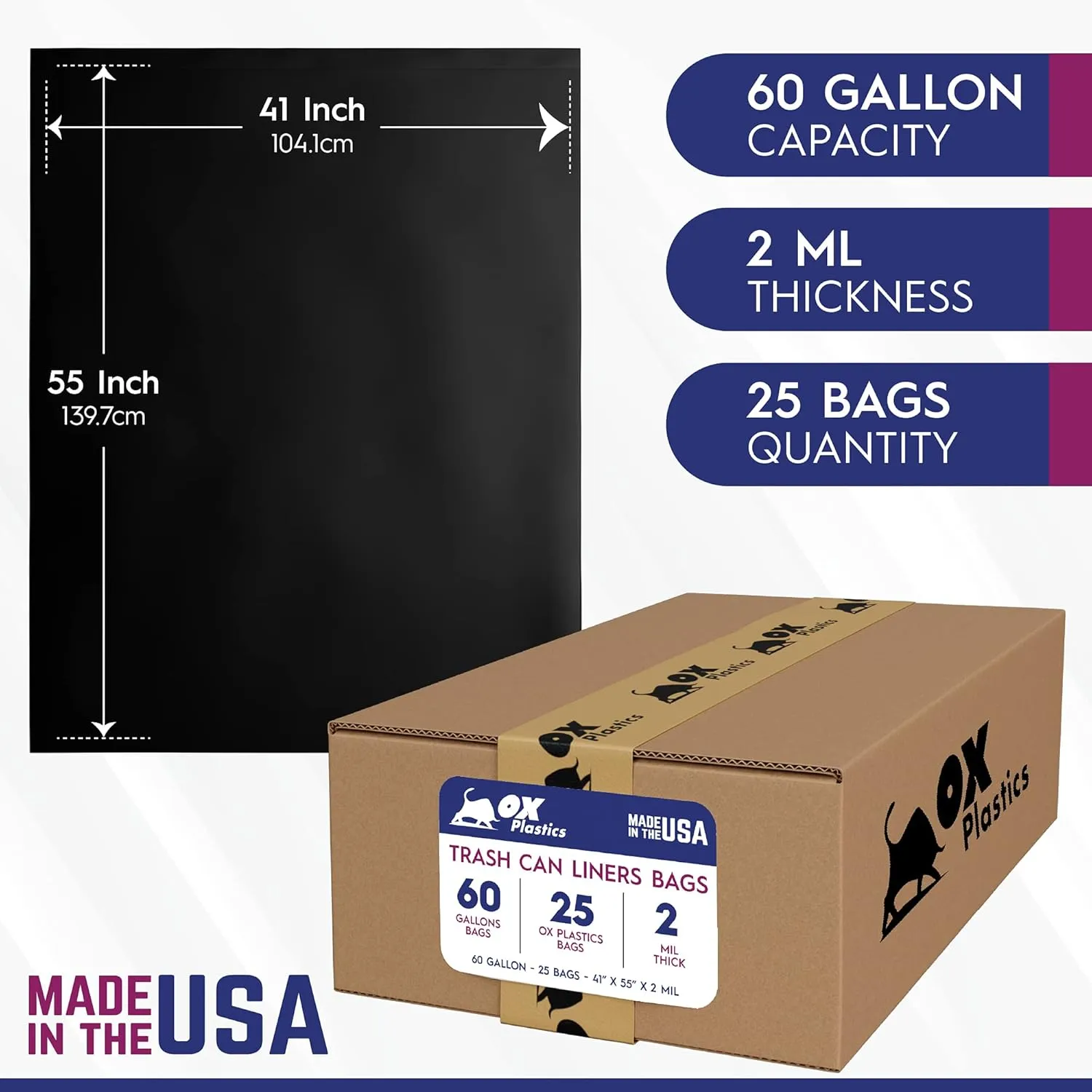 Trash Can Liners Bags - 60 Gallon Capacity & 2mil Thick Extra Heavy Duty Strength - Large Garbage, Leak-Proof & Durable, House & Commercial Use Bags Black - 25 Count