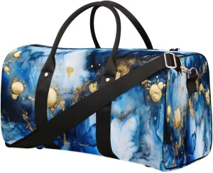 Travel Duffel Bag, Alcohol Ink Blue Marble Sports Tote Gym Bag Foldable Weekender Bag Carry on Luggage Handle Bag Overnight Shoulder Bag for Women Men