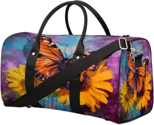 Travel Duffel Bag, Alcohol Ink Butterfly Sunflowers Sports Tote Gym Bag Foldable Weekender Bag Carry on Luggage Handle Bag Overnight Shoulder Bag for Women Men