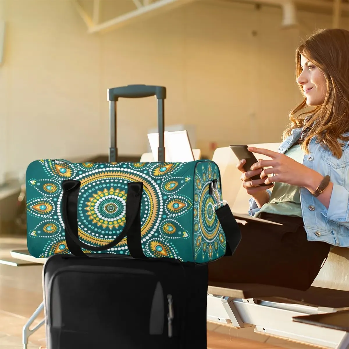 Travel Duffel Bag, Boho Mandala Pattern Sports Tote Gym Bag Foldable Western Aztec Weekender Bag Carry on Luggage Handle Bag Overnight Shoulder Bag for Women Men,A-1477